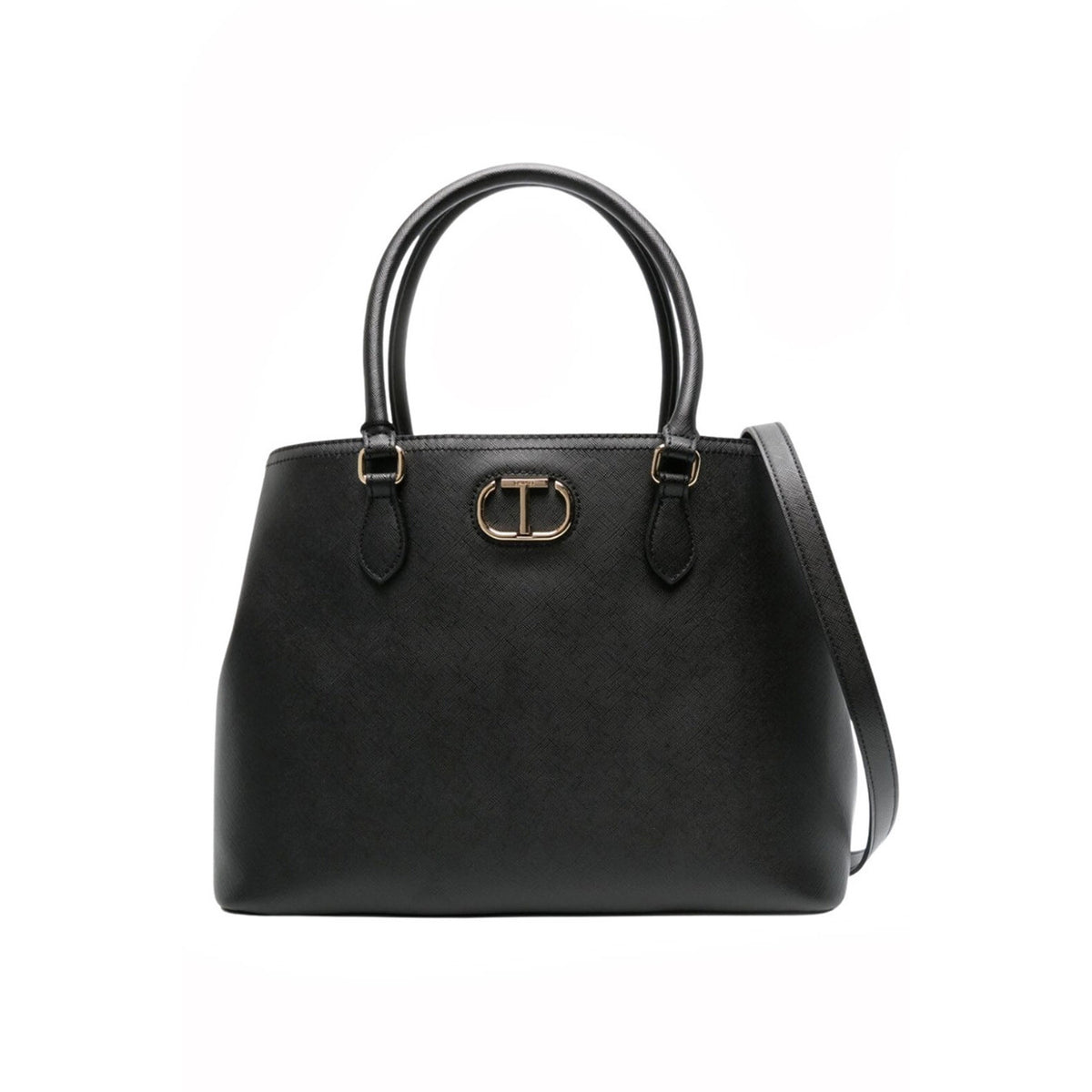 Borsa shopper effetto pelle di vitello nera con comparto centrale chiuso da magnete, tasche con zip laterali, doppio manico a spalla e tracolla rimovibile. Vista frontale