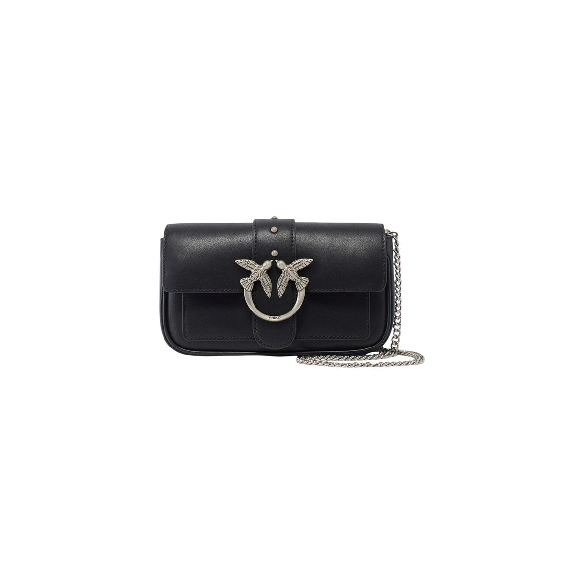 Borsa Pinko donna nera e argento modello 100061 A0F1. Mini borsa a tracolla in vera pelle nera con fibbia argentata rotonda con rondini e tracolla a catena metallica argento, borsa elegante da sera e cerimonia.