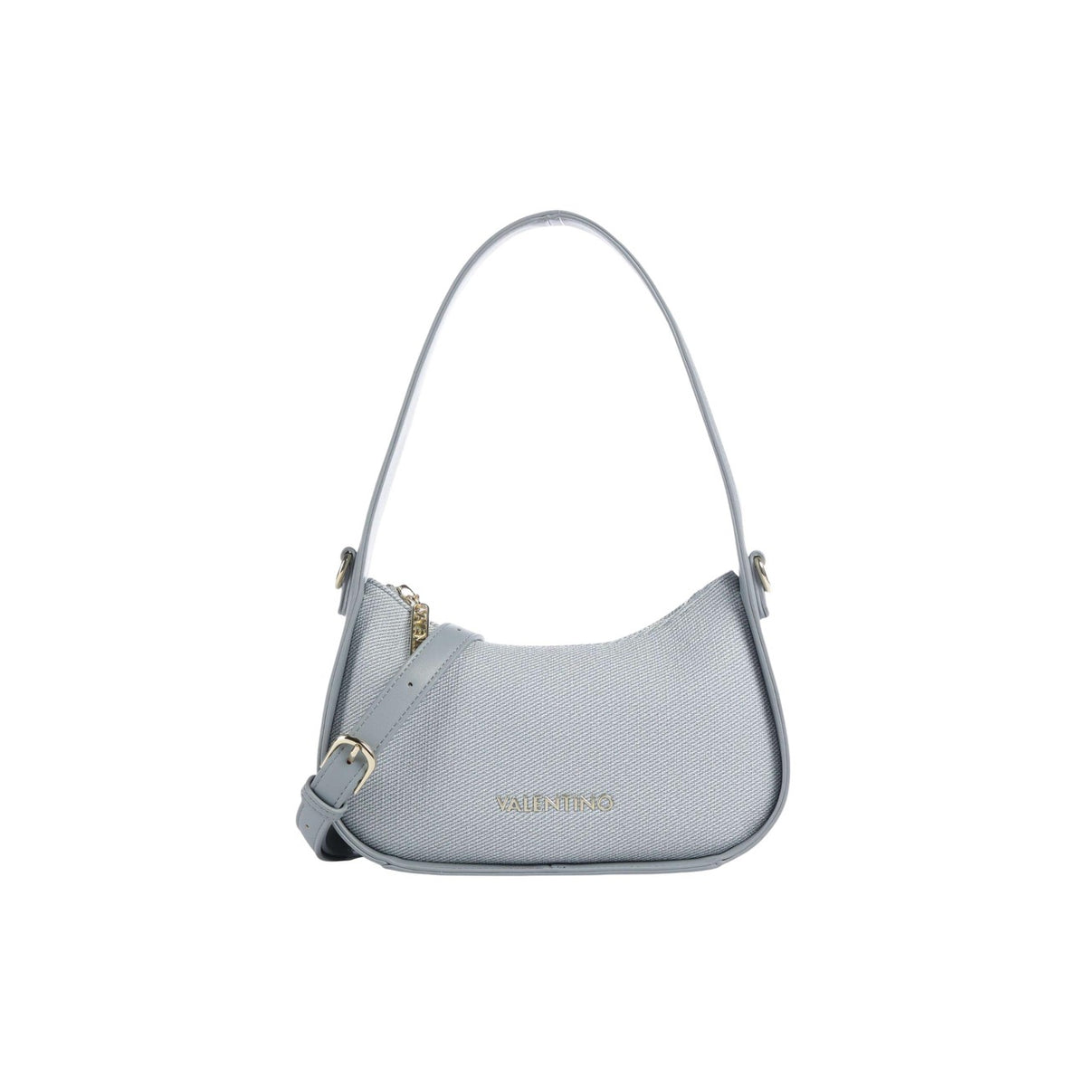 Borsa Baguette Piccola Blu Donna Valentino Bags Atena; Misure 6x15x6 cm. Tessuto 100% cotone con manico superiore regolabile e tracolla rimovibile. Chiusura superiore con cerniera oro lucida, stile elegante e primaverile. Vista frontale