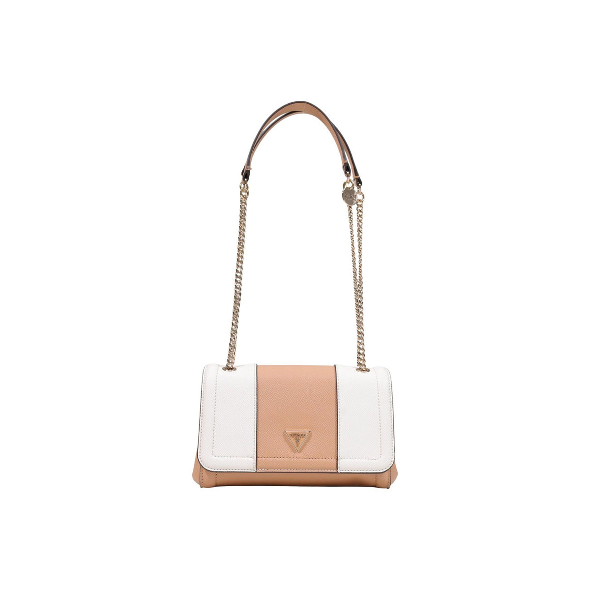 Borsa Crossbody Bianca Donna Guess Noelle II; Misure 23x16x8 cm. Tessuto 100% bianco/rosa, chiusura con patta e tracolla a catena convertibile. Logo frontale in rilievo, stile elegante e casual 4 stagioni.