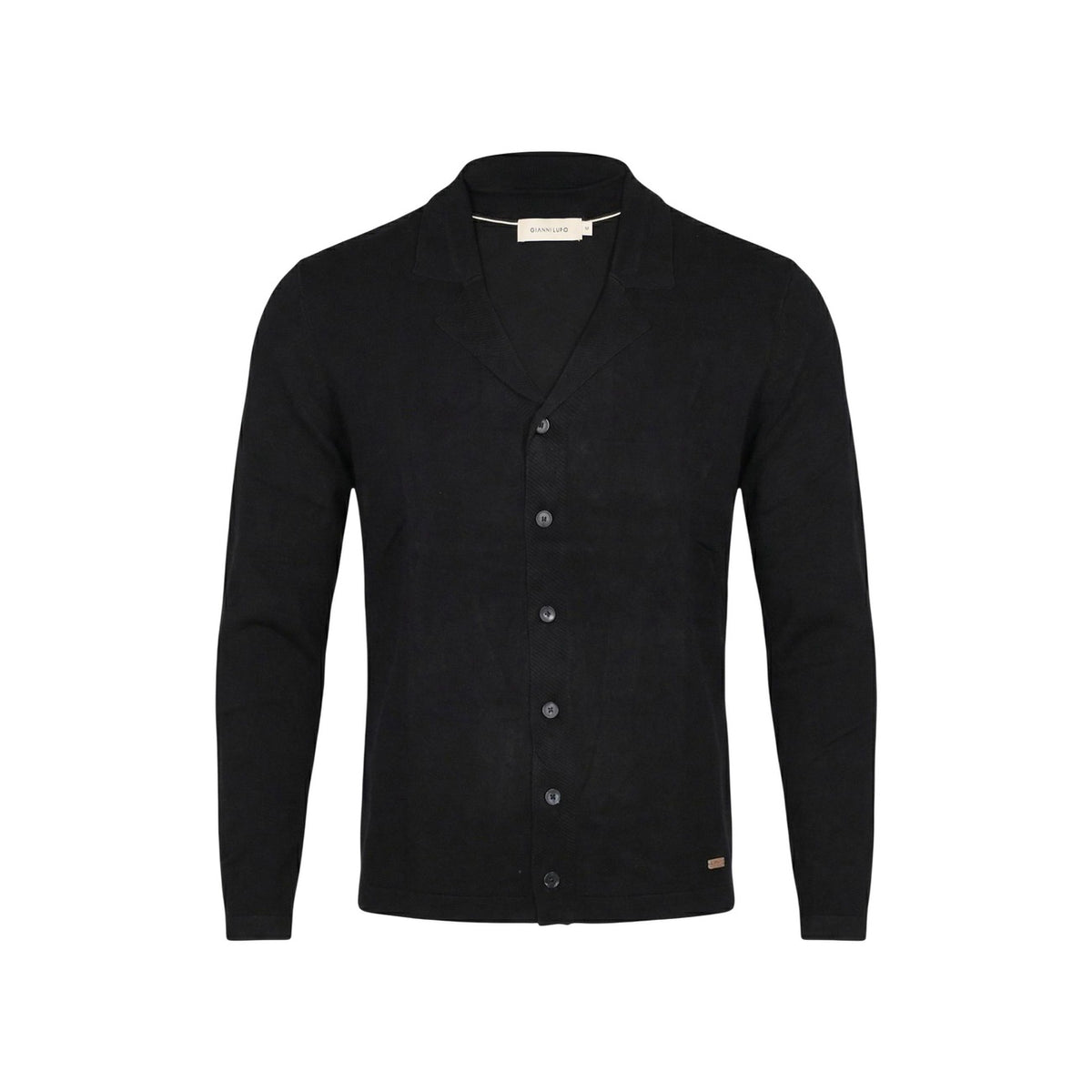 Gianni Lupo Cardigan nero Rever; maglieria in viscosa elasticizzata, chiusura frontale classica e stile raffinato, perfetto per la mezza stagione e outfit da ufficio o tempo libero. Vista frontale stesa