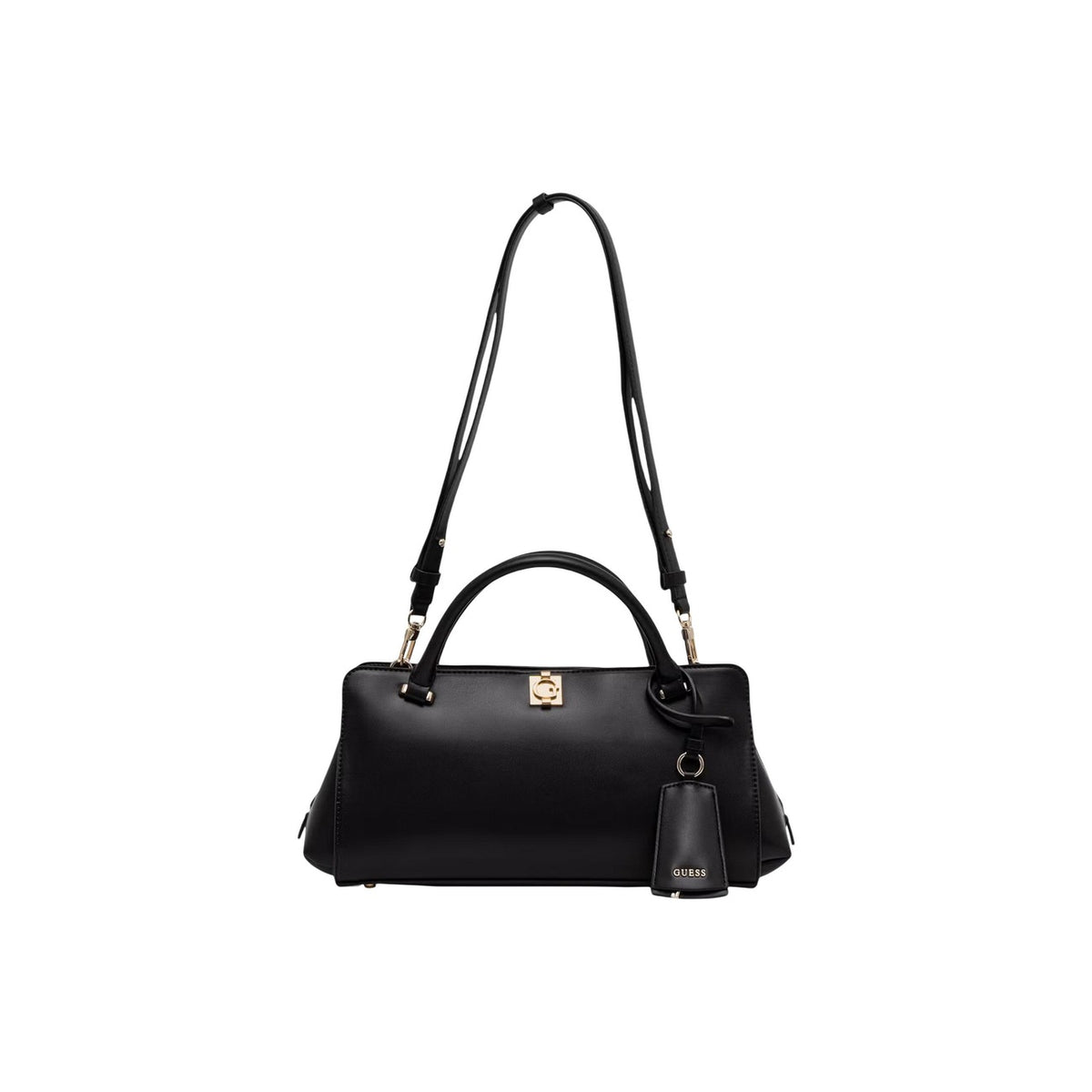 Borsa Guess donna nera grande modello HWVG97 34060. Maxi borsa a mano e a spalla in ecopelle nera con chiusura a incastro dorata, piedini metallici alla base protettivi, scomparti interni ed esterni con cerniera, stile casual ed elegante.