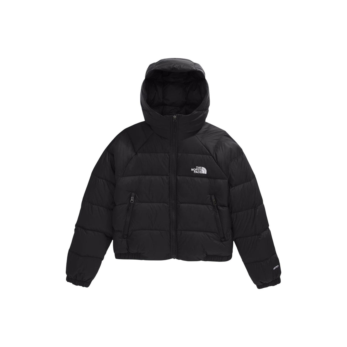Piumino nero con cappuccio donna The North Face Hydren Down NF0A5GGG. Giacca invernale imbottita con logo bianco ricamato, cerniera full zip, tasche con zip e bordi elasticizzati antivento.