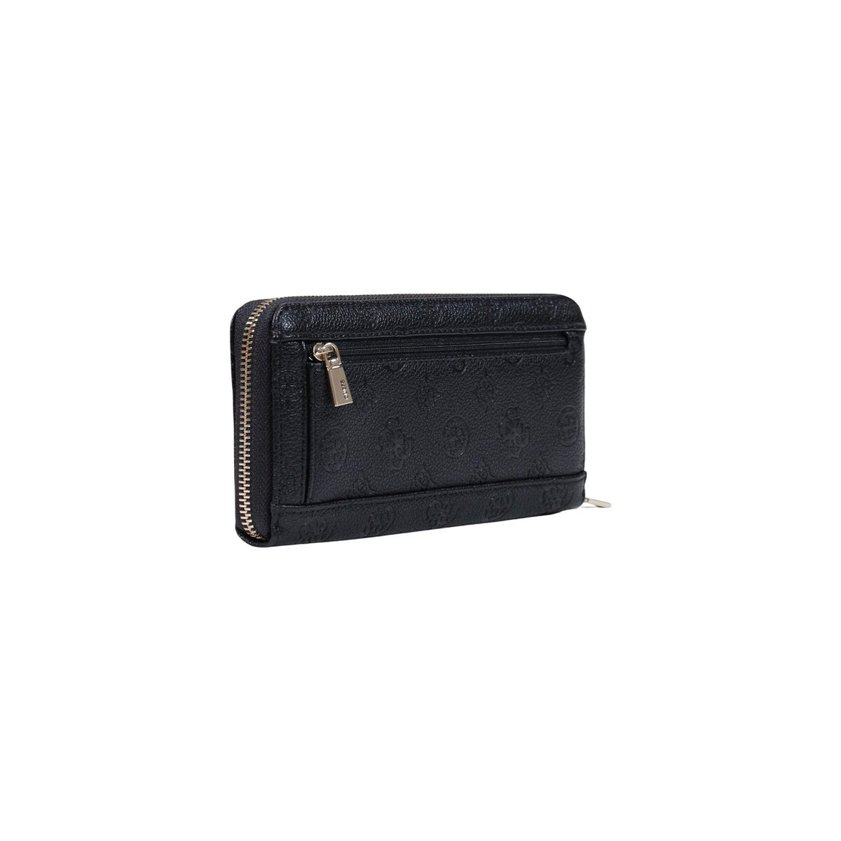 Portafoglio Guess donna nero grande modello SWPD97 46146. Portafogli rettangolare con cerniera perimetrale in ecopelle nera logata in rilievo, dotato di scomparti interni per carte e monete, logo dorato e laccetto da polso, stile elegante.