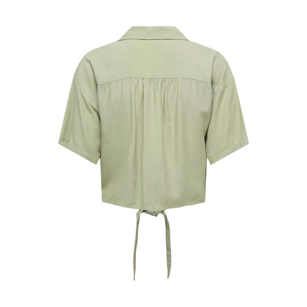 Camicia JDY Jdycaya; 90% viscosa, 10% lino. Taglio cropped con nodo, maniche corte, colletto classico. Tessuto fluido e traspirante, stile minimal-chic per l'estate. Colore verde vista posteriore