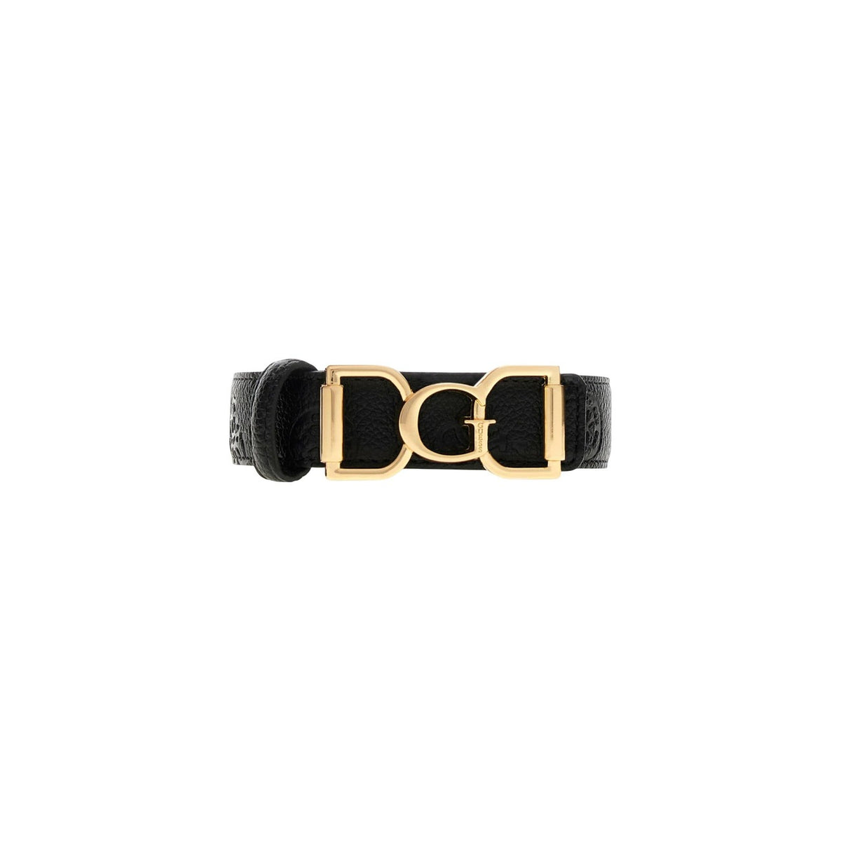 Cintura Guess Anise Peony; texture logata, metalleria dorata, altezza 2,5 cm. Il dettaglio iconico e raffinato per valorizzare la silhouette. Colore nero vista frontale