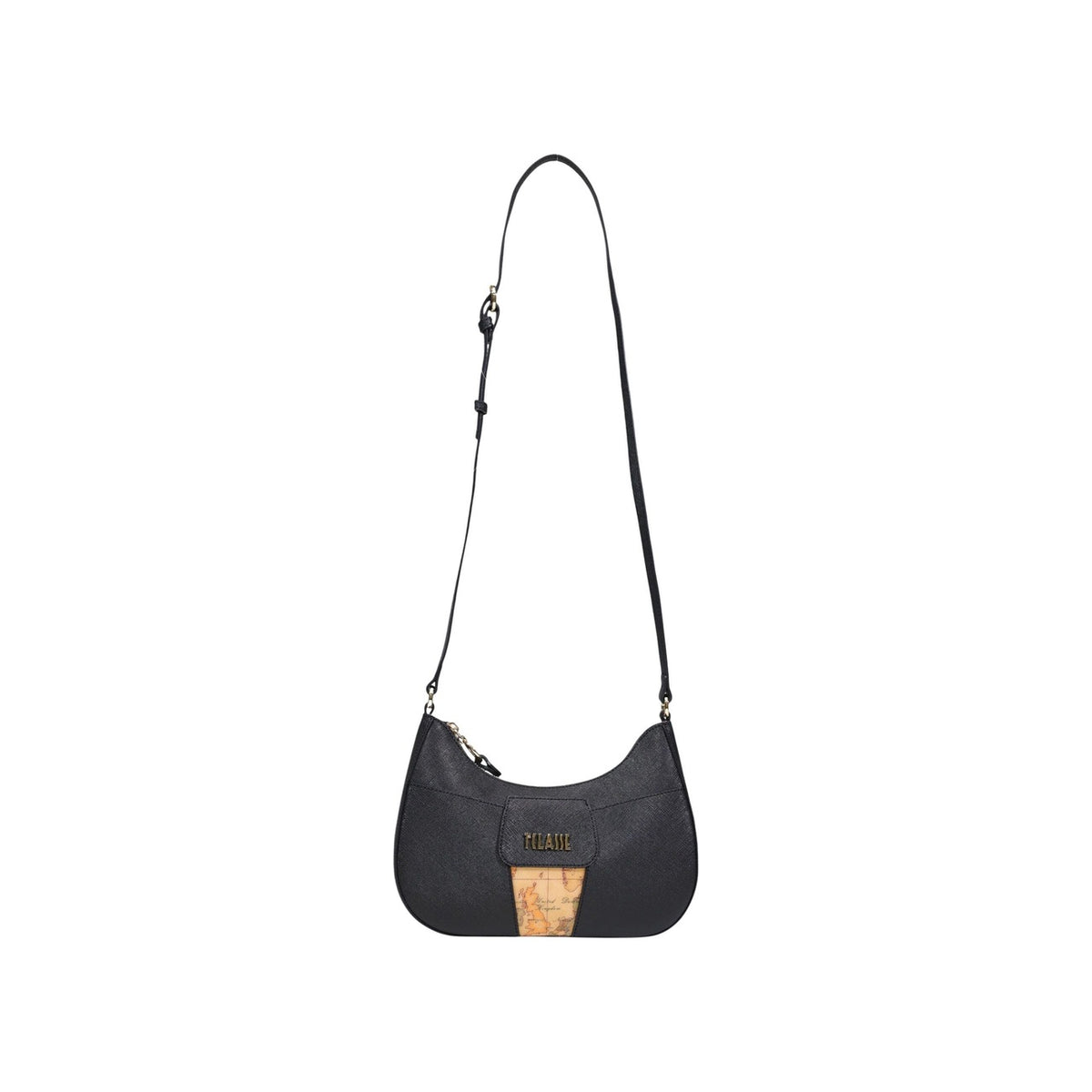 Borsa piccola Alviero Martini LE50 con inserto Geo Classic, chiusura a zip, tracolla regolabile e finiture di alta qualità; stile iconico e versatile. Vista frontale con tracolla