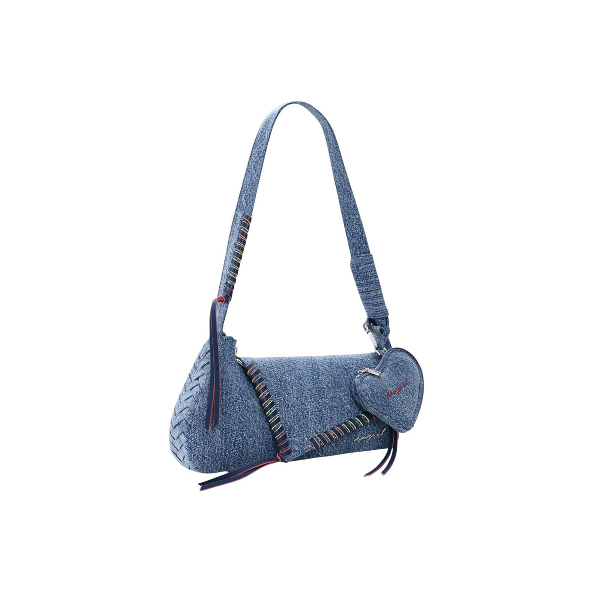 Piccola borsa in denim con dettagli ricamati. Presenta una tracolla lunga regolabile e un fiocco laterale. Design semplice con chiusura a cerniera a vista nella parte superiore.
Tessuto denim 100% vista frontale Laterale