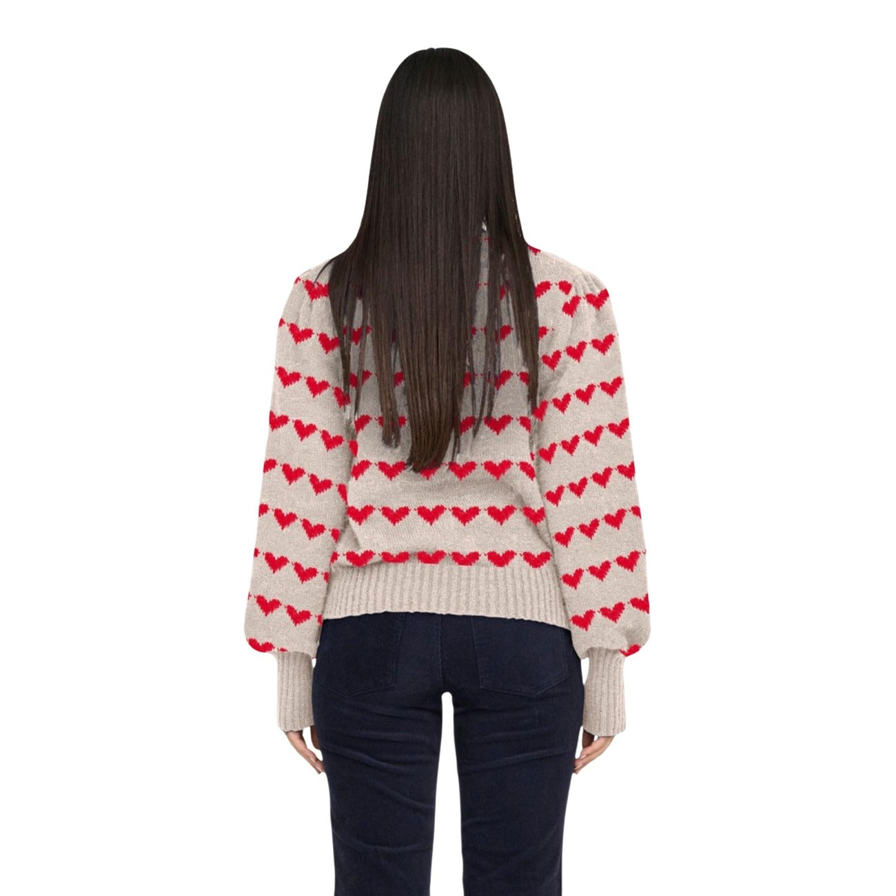 Maglia Jacqueline De Yong donna beige con stampa cuori rossi manica lunga scollo tondo - vista posteriore retro indossata da modello