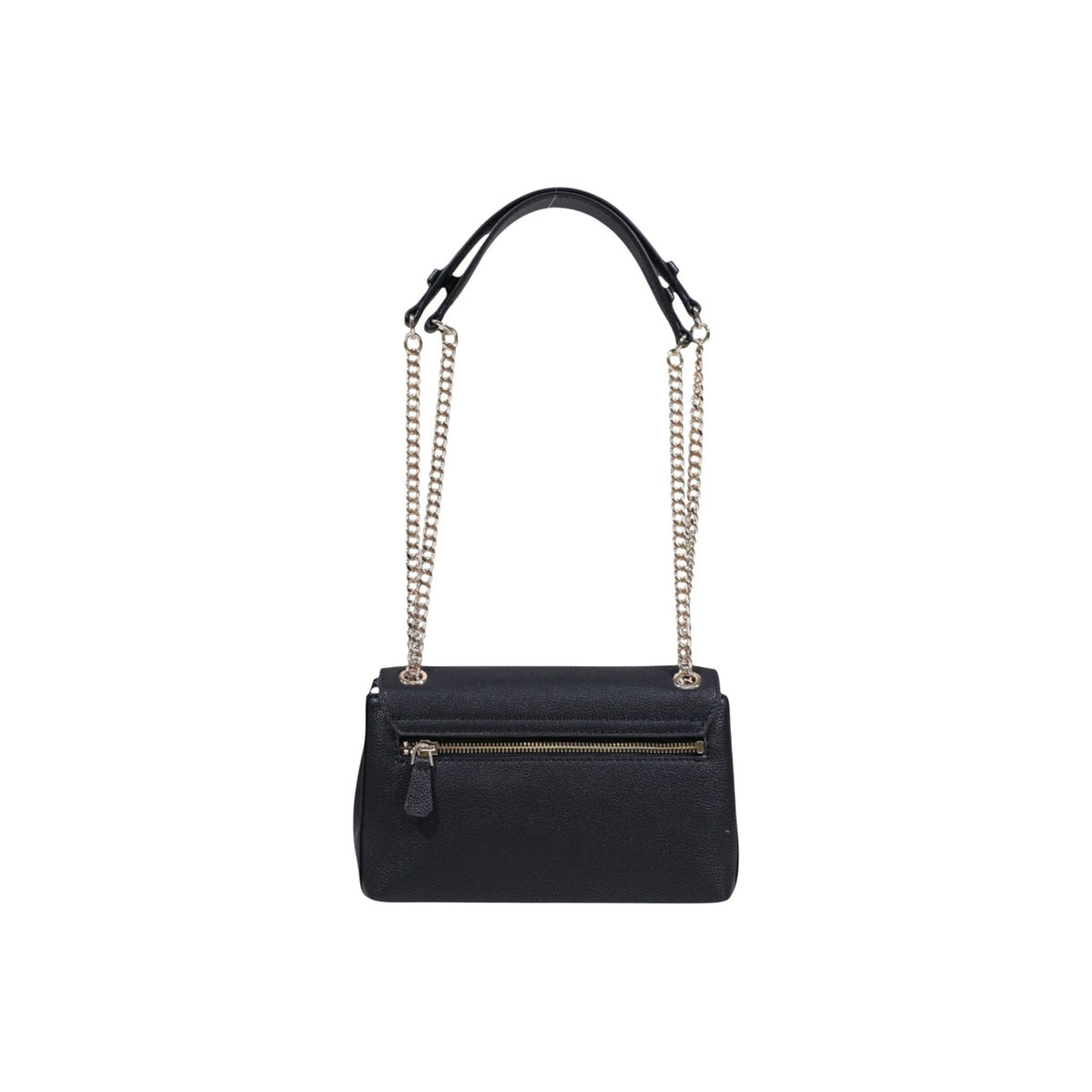 Borsa Guess Yesba Convertible Xbody; 100% Poliuretano. Chiusura con patta e fibbia, dettagli metallici, tracolla removibile. Borsa media elegante, versatile e sicura. Colore nero. Vista posteriore