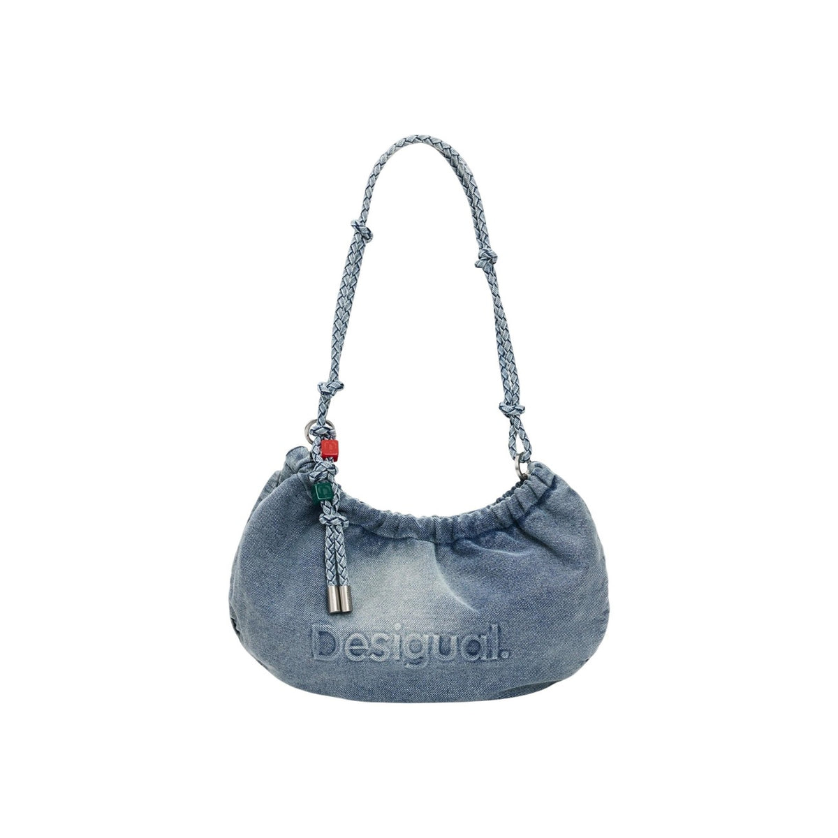 Borsa ovale in denim Desigual; manico trekking, tracolle intercambiabili, charm portacarte removibile, logo inciso. Design convertibile SS26. Vista frontale