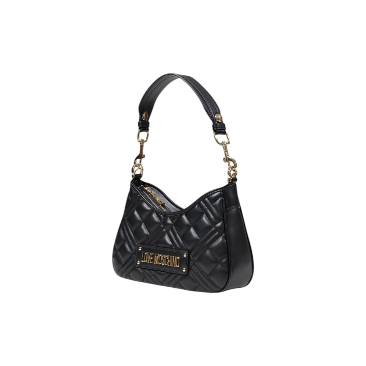 Borsa Love Moschino donna nera a spalla modello JC4152PP1M. Borsetta piccola trapuntata in ecopelle nera con manico a catena corta oro e placca logo stile casual chic, elegante e da sera.