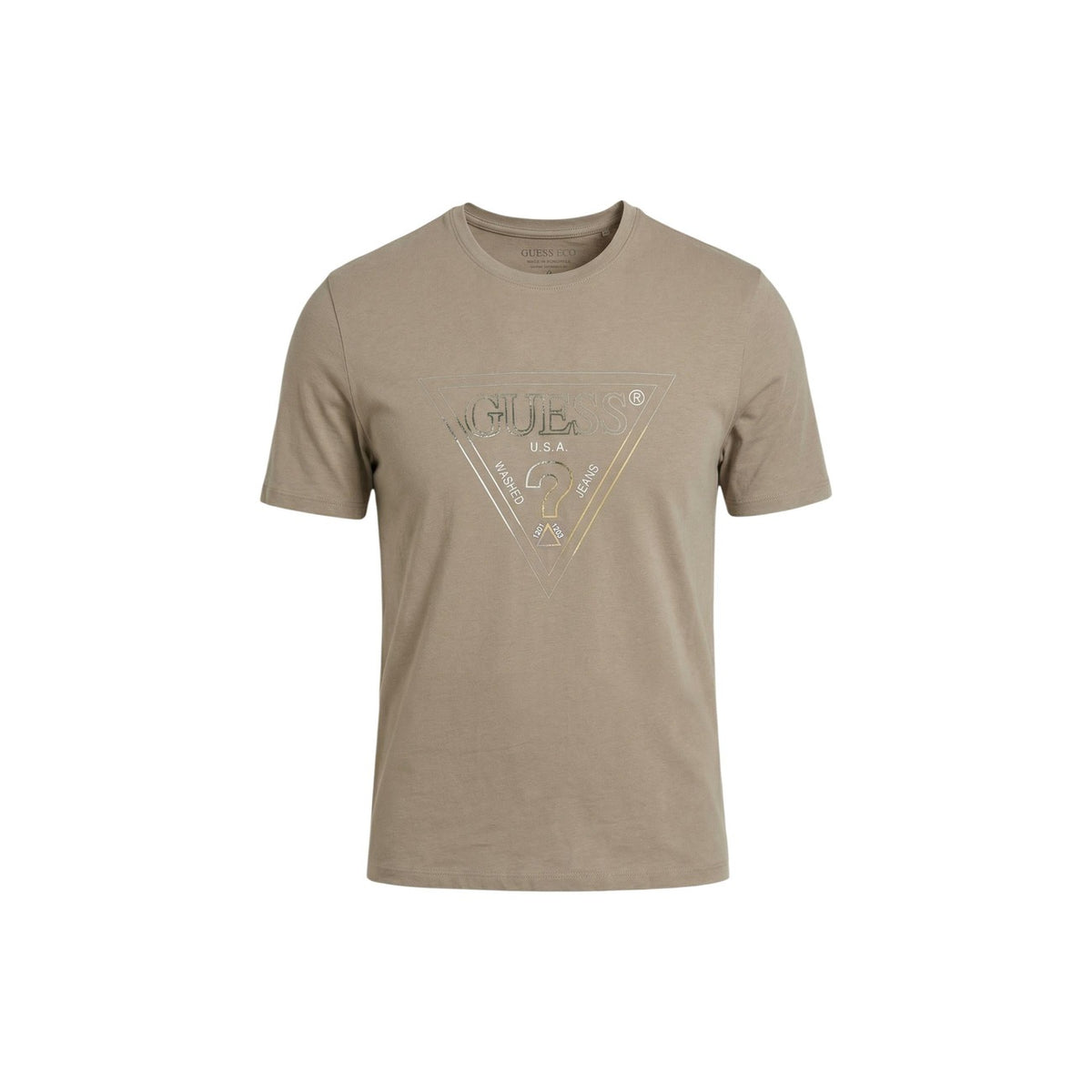 Dettaglio t-shirt Guess CN SS TRIANGLE HD MULTICOLOR T uomo beige con stampa triangolo multicolore e scollo tondo
