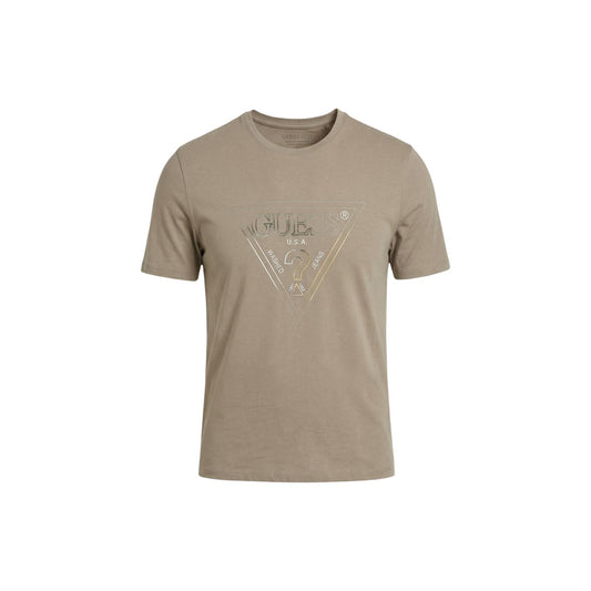 Dettaglio t-shirt Guess CN SS TRIANGLE HD MULTICOLOR T uomo beige con stampa triangolo multicolore e scollo tondo