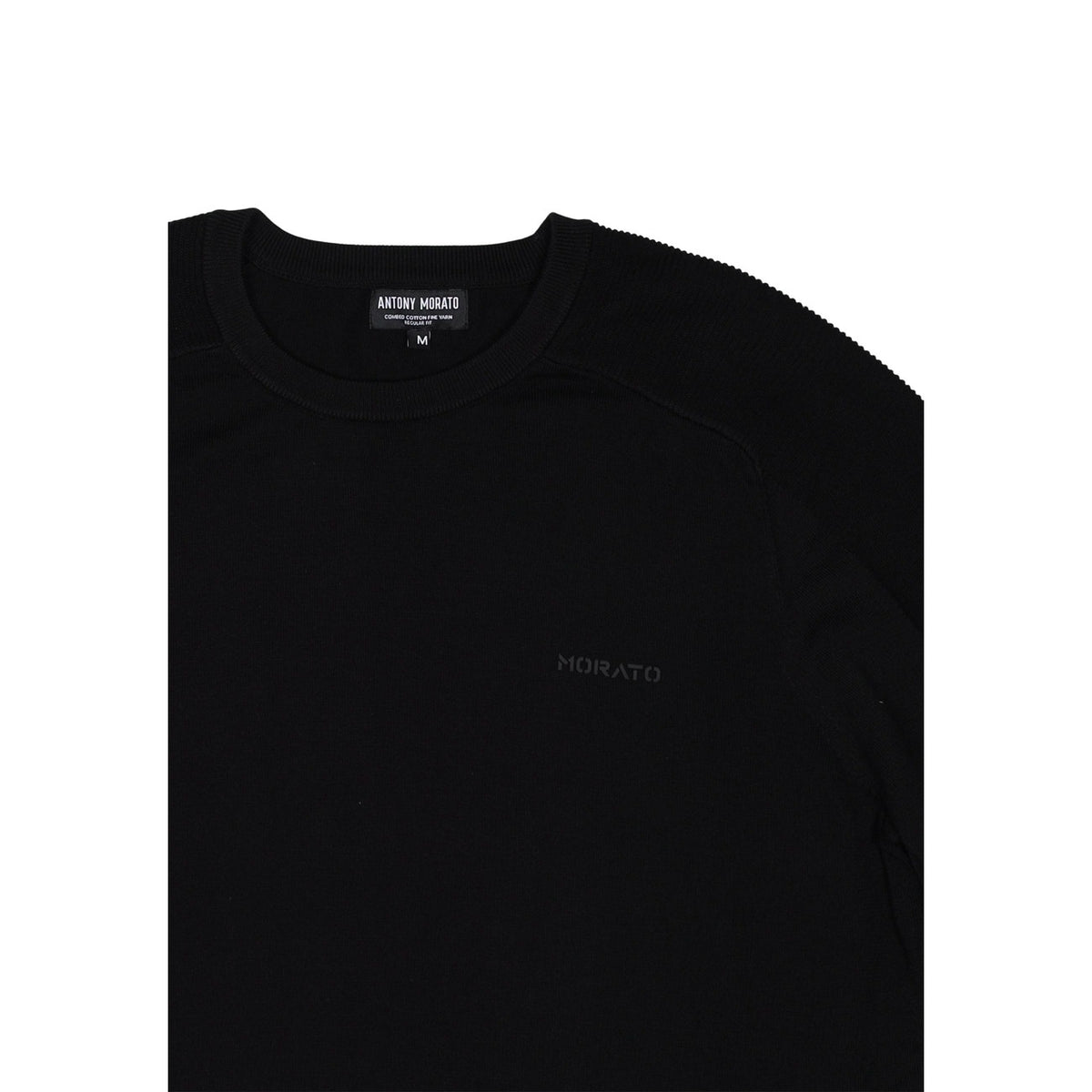 Maglia Antony Morato ROUND COLLAR REGULAR FIT uomo nera maniche lunghe scollo tondo 100% cotone - vista frontale dettaglio logo