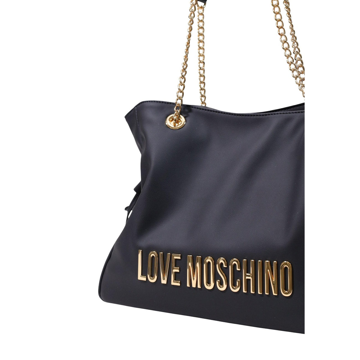 Borsa Love Moschino donna nera shopping modello JC4186PP1. Borsa grande a spalla nera liscia effetto pelle con maxi logo oro, catene e fiocchi laterali regolabili stile casual chic, romantico e daily glamour.