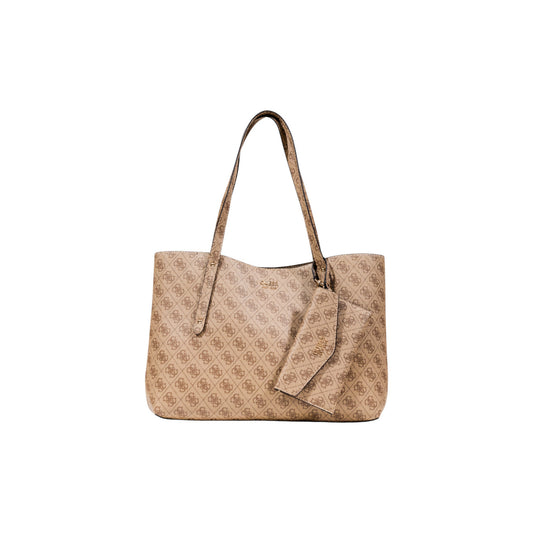 Borsa Tote Donna Beige Guess Brenton; Borsa grande a spalla in ecopelle logata con chiusura zip. Ampi manici, pochette interna estraibile e motivo monogram all-over. Vista frontale