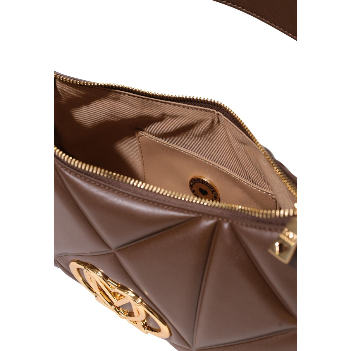 Borsa Love Moschino donna marrone trapuntata modello JC4032PP1. Borsetta piccola a spalla e a tracolla color marrone cioccolato/cuoio effetto goffrato a rilievo, con dettagli e logo in metallo oro, stile elegante e casual chic.