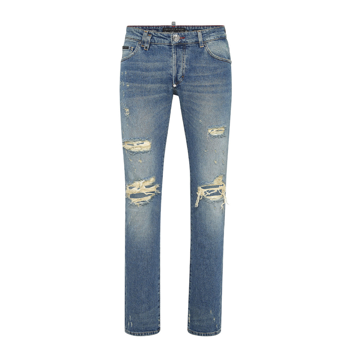 Jeans Philipp Plein BO_1480; Blu Stone Washed. 99% Cotone, 1% Elastan. Vestibilità Skinny, dettagli strappati e usurati, patch in pelle con logo PP Hexagon. Qualità sartoriale Made in Italy. Vista stesa