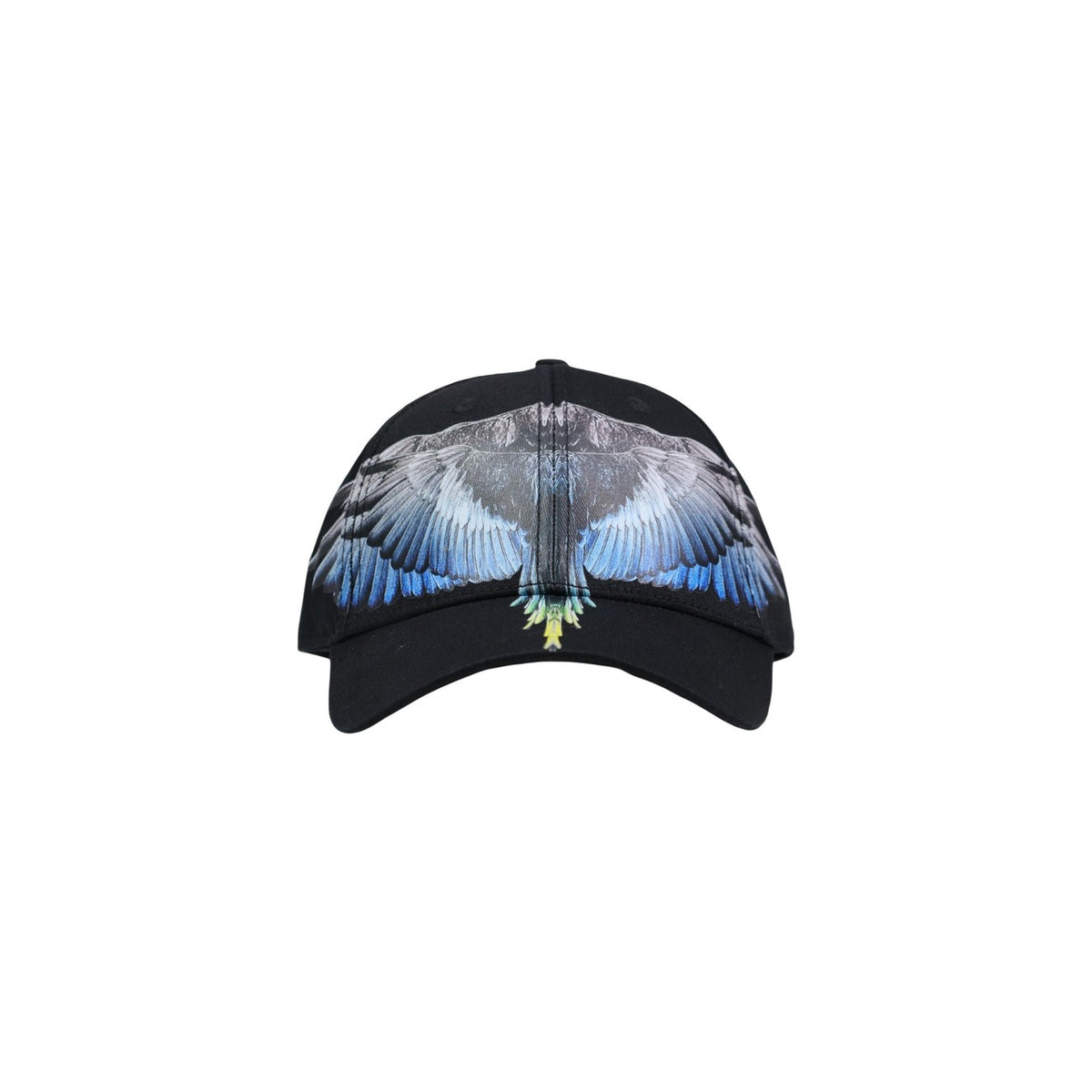 Cappello con visiera County of Milan; grafica ali stilizzate, misto cotone/poliestere, chiusura regolabile. Iconico stile streetwear. Vista frontale