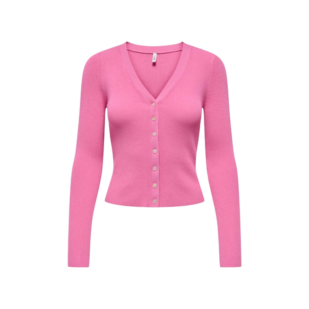 Cardigan rosa aderente Only Onlmist a costine con scollo a V e bottoni, realizzato in misto viscosa e nylon dalla mano morbida.