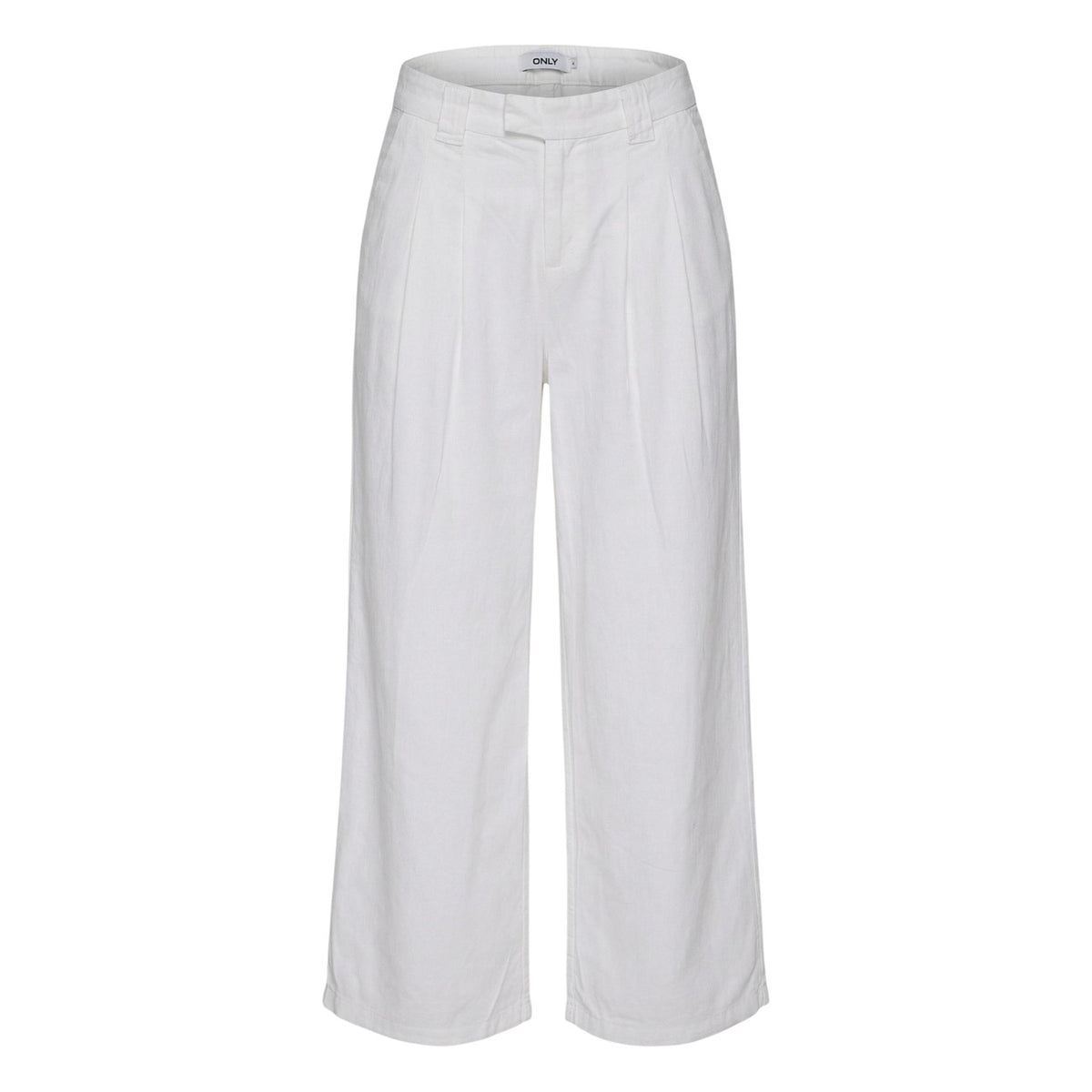 Pantaloni wide leg donna Only; misto lino e viscosa, vita media con pinces, gamba ampia. Freschezza e stile sartoriale per l'estate. Colore panna. Vista frontale stesa