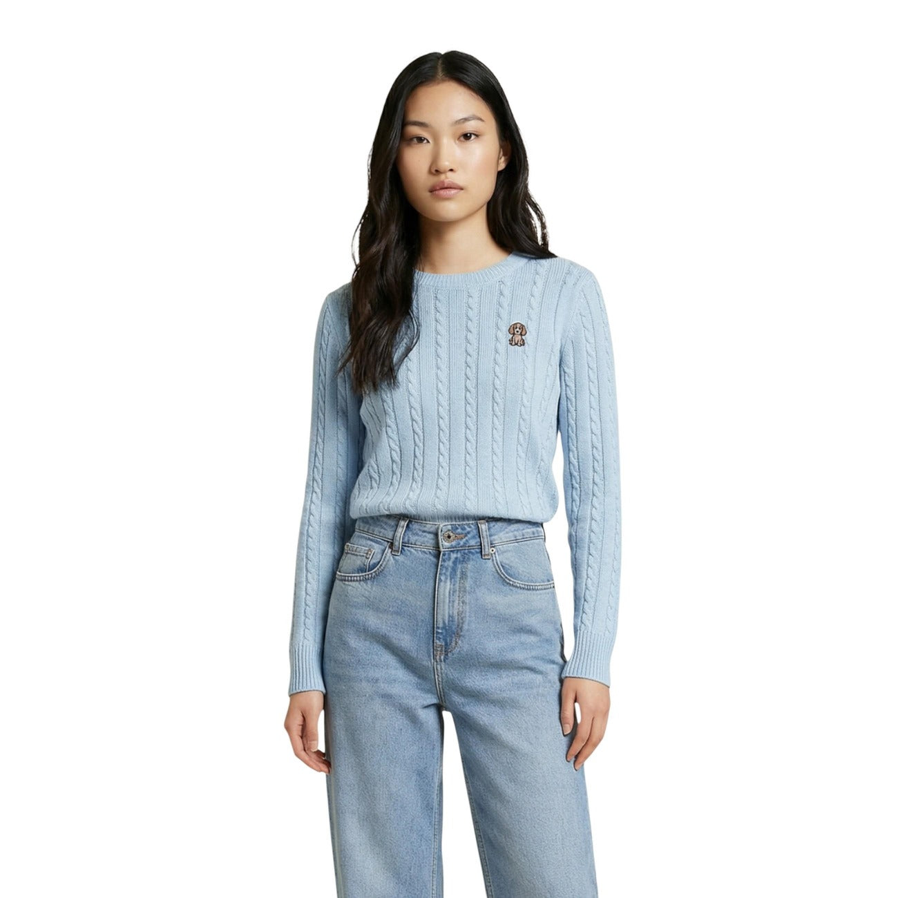 Maglia Jacqueline De Yong JDYBOW EMB. L/S O-NECK CABLE PULL KNT donna azzurra manica lunga scollo tondo - vista frontale stesa