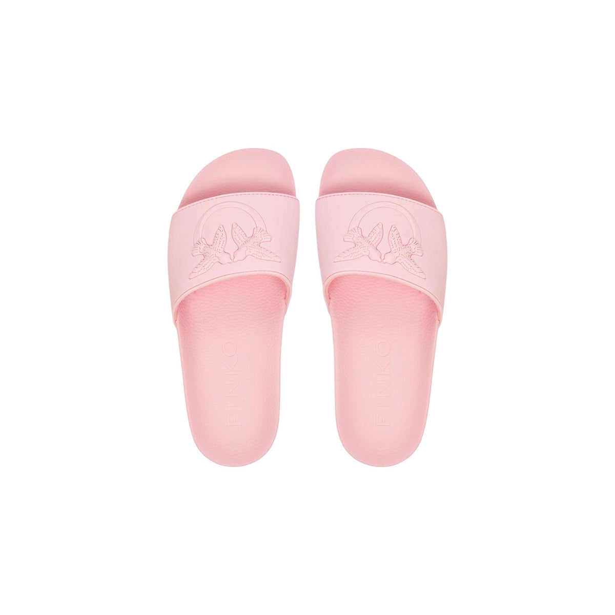 Ciabatte Pinko DILLY 01; 100% PVC. Logo Love Birds in rilievo, fascia ampia, suola anatomica. Slide donna eleganti, impermeabili e confortevoli per l'estate 2026. Colore rosa vista dall’alto
