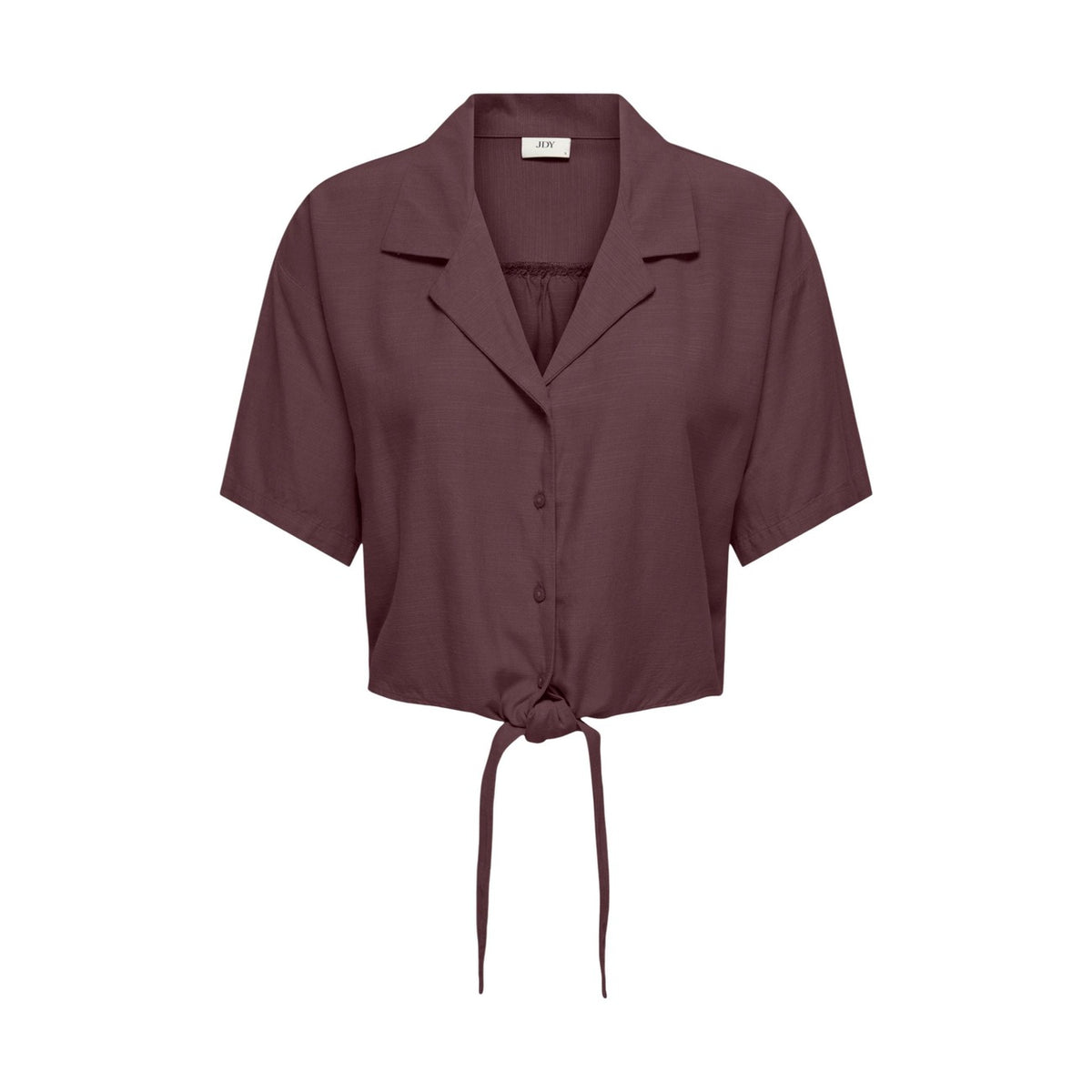 Camicia JDY Jdycaya; 90% viscosa, 10% lino. Taglio cropped con nodo, maniche corte, colletto classico. Tessuto fluido e traspirante, stile minimal-chic per l'estate. Colore viola vista frontale