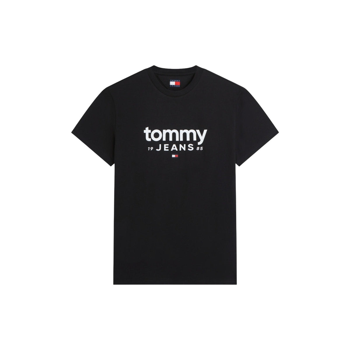 T-shirt Nero Tommy Jeans; Maxi Logo. 100% Cotone Rigenerato. Regular fit, maniche corte, design iconico e sostenibile. Ideale per jeans e look sportivi. Vista stesa frontale