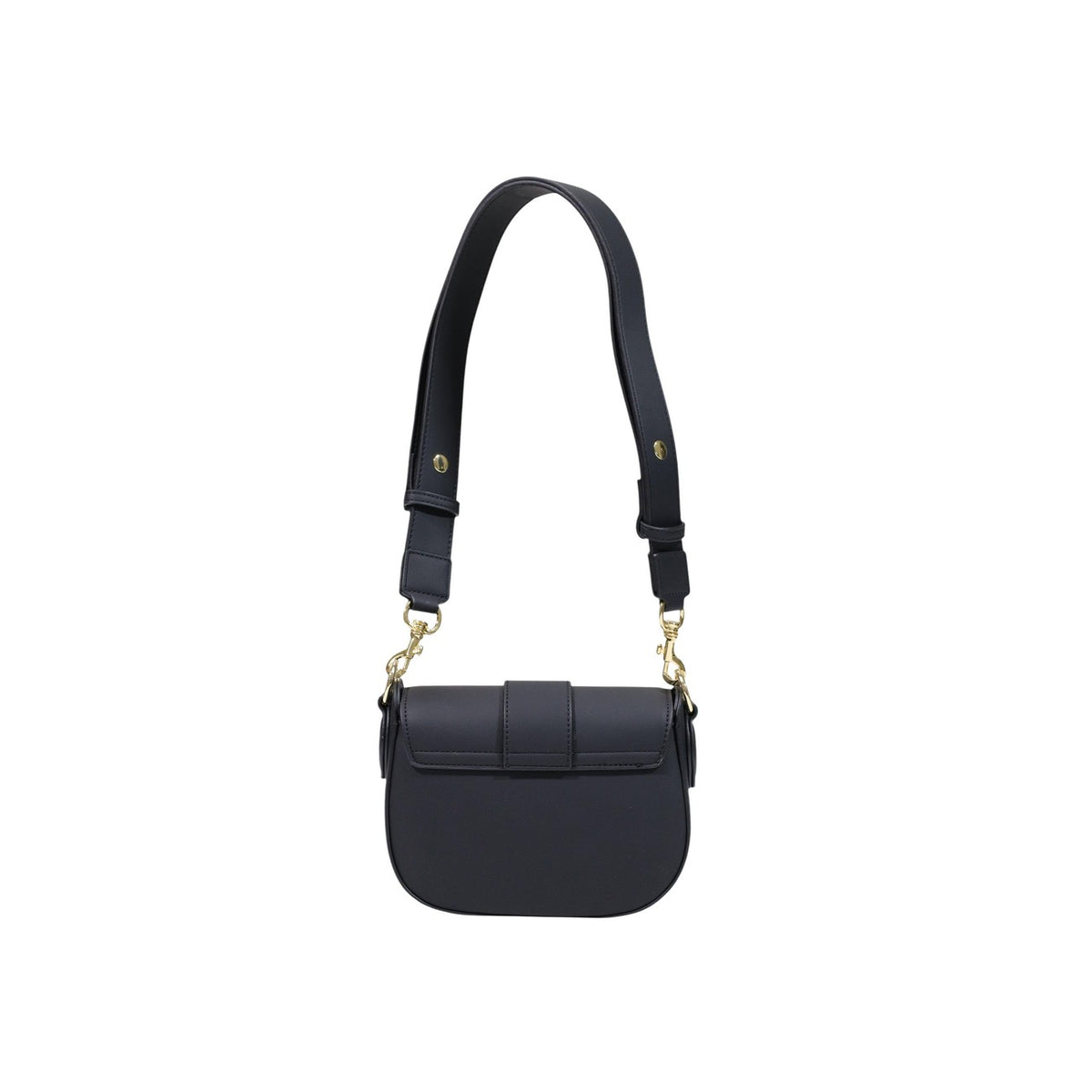 Borsa Love Moschino donna nera a sella modello JC4087PP. Borsetta a tracolla con patta nera, ampia tracolla sportiva/chic regolabile e maxi scritta LOVE in metallo oro sul davanti, stile glamour, moderno e da giorno o sera.