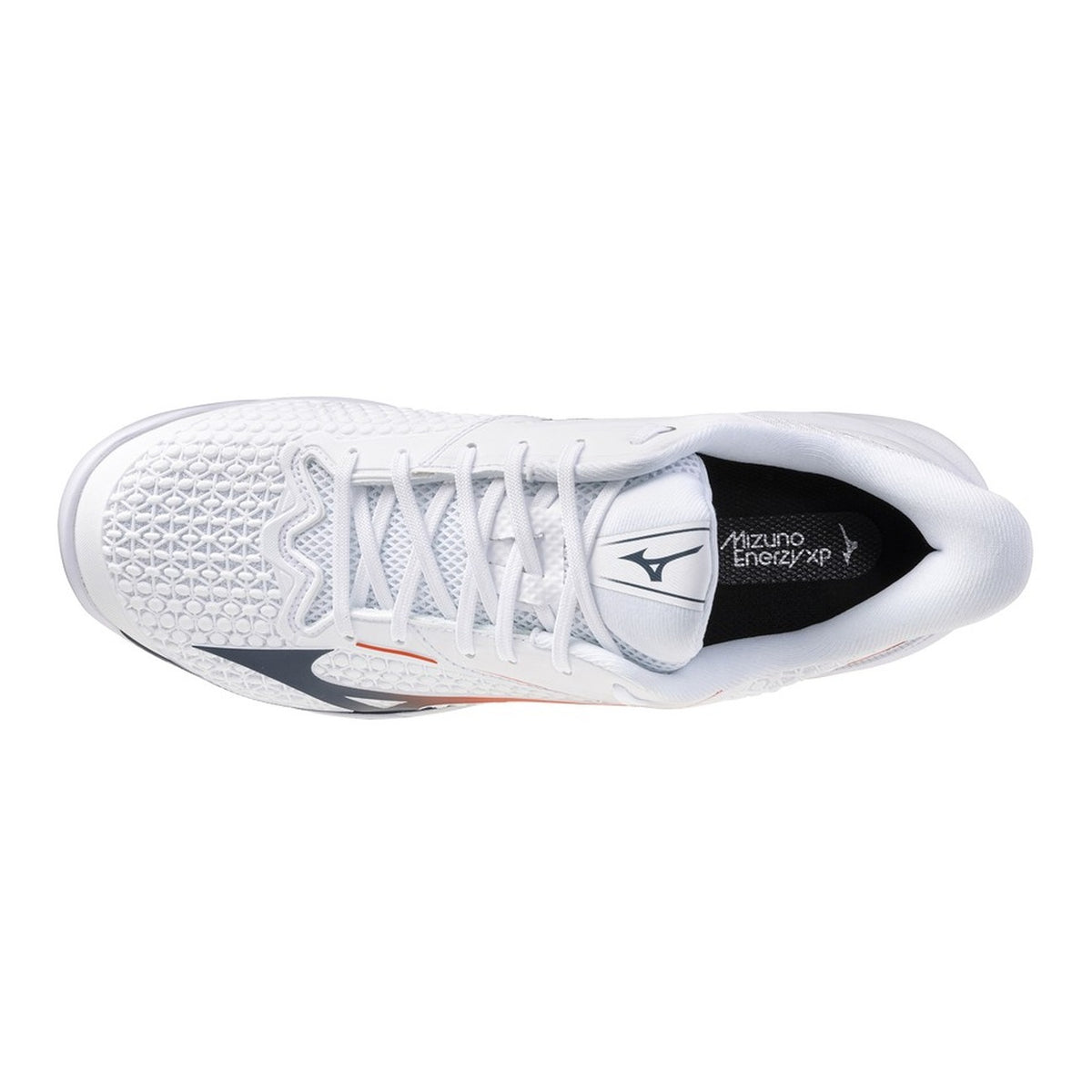 Scarpe da tennis Mizuno Wave Exceed Tour 7 CC bianco blu arancione. Calzature da padel e tennis per cambi di direzione rapidi con tecnologia Mizuno Wave, intersuola PoWnCe e suola ad altissima resistenza in gomma DX.