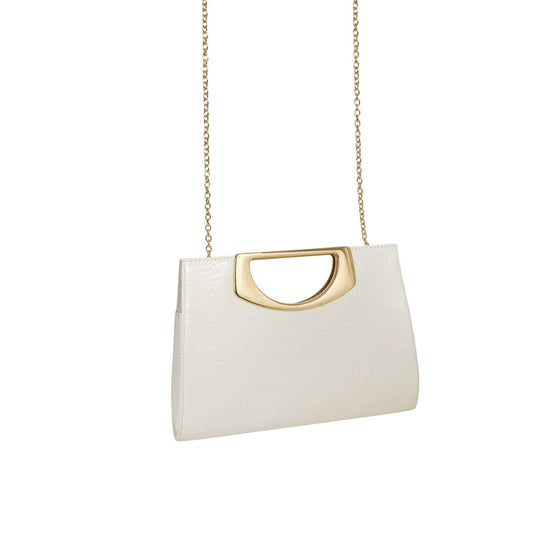 Pochette Morgan De Toi Cerem; effetto cocco, manico rigido oro. Tracolla a catena removibile, struttura rigida, ideale per cerimonie e serate. Stile glamour contemporaneo.