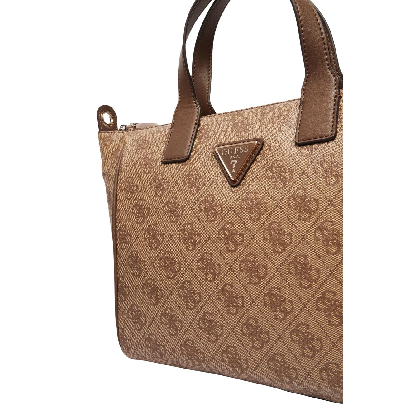 Borsa Tote Donna Beige Guess Follie; Struttura 100% poliuretano con motivo logo all-over e chiusura a zip. Doppi manici a mano e tracolla sportiva regolabile con scritta Guess, stile casual-elegante 4 stagioni.