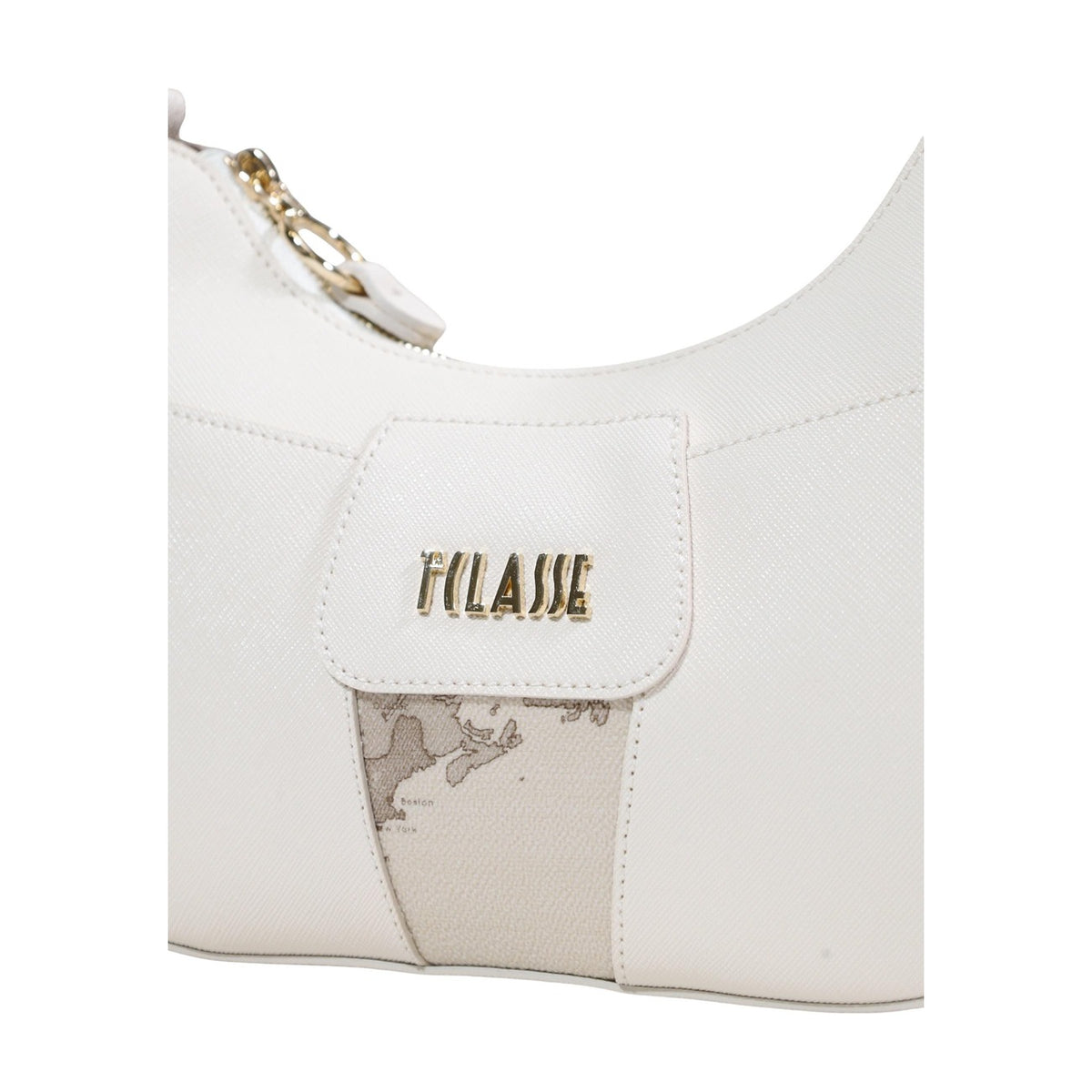 Shoulder Bag Alviero Martini LE50 con applicazione Geo frontale, logo in rilievo e inserti dorati; borsa piccola in materiale tecnico resistente con tracolla regolabile. Vista dettaglio logo