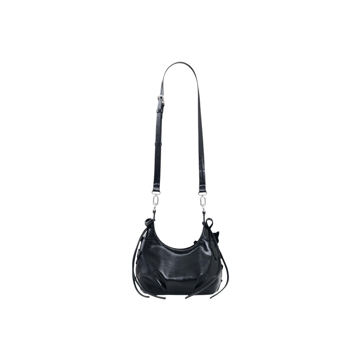 Borsa Desigual donna nera modello BAG_NEXUS BIRA. Borsa a mano piccola in ecopelle nera con fiori 3D applicati in rilievo, manico a braccio arricciato, fiocchi laterali e tracolla rimovibile, borsa elegante e casual stile bon ton per la collezione autunno inverno.