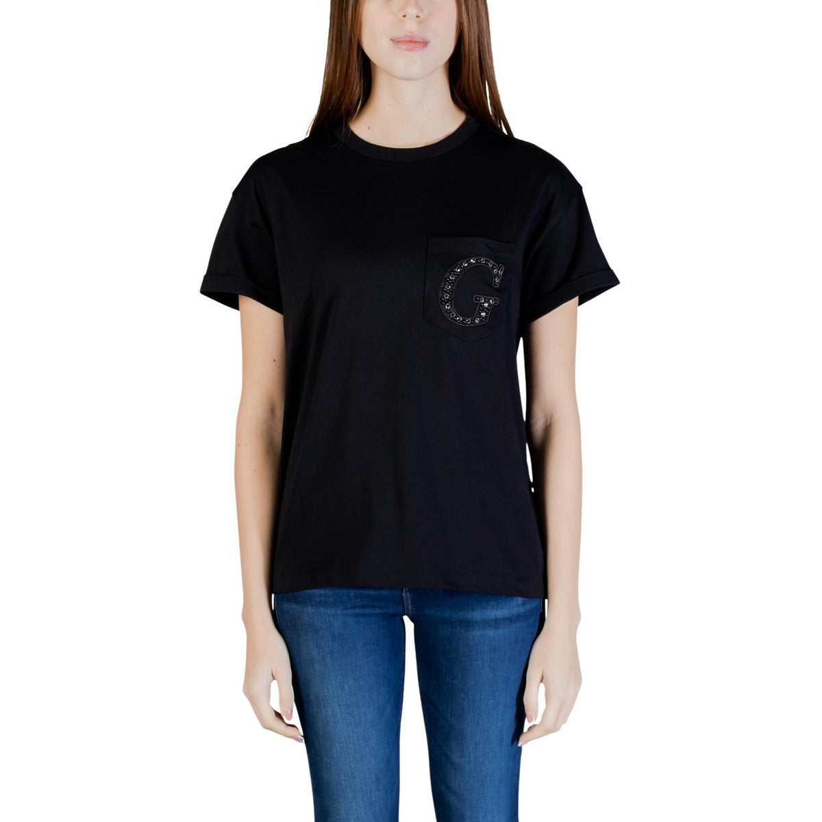 T-shirt donna Guess modello SS CN TEE nera in cotone 100% a maniche corte con scollo tondo