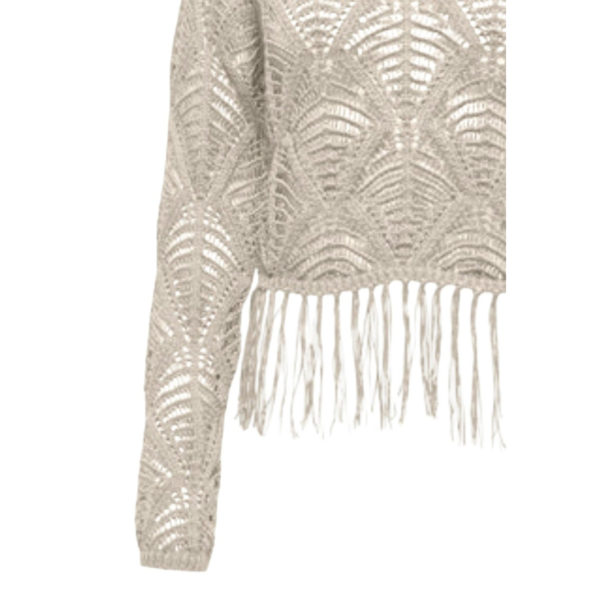 Maglione Only Onlleonie; 100% acrilico, trama traforata, girocollo, dettaglio frange sul fondo. Il must-have boho-chic per la tua mezza stagione. Colore beige