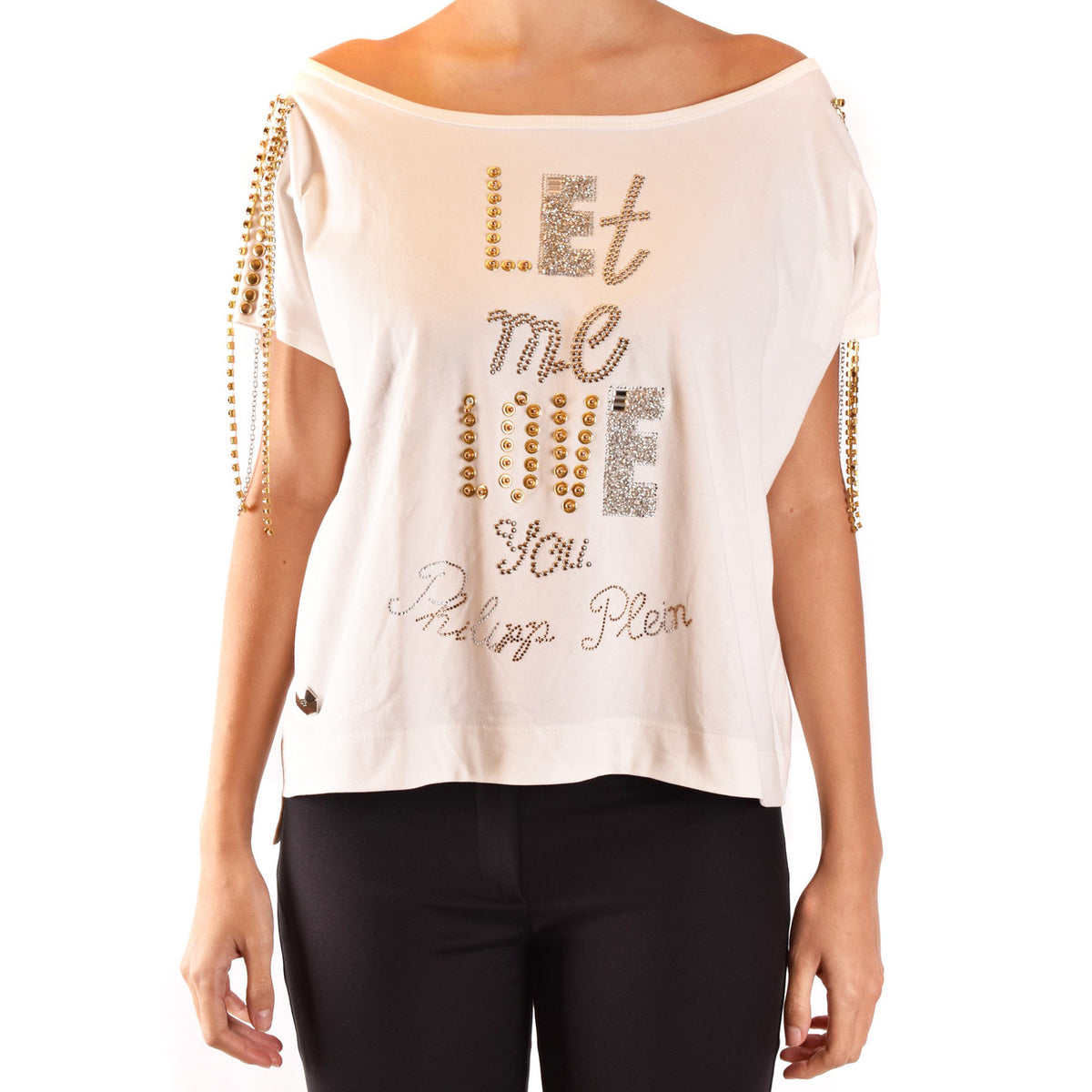 Philipp Plein T-Shirt Donna Bianca Strass Stampa Manica Corta Scollo a Barca 100% Cotone Primavera/Estate B_40577