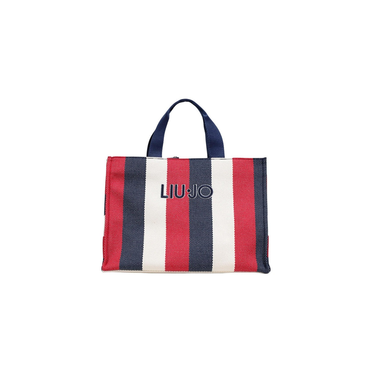 Liu Jo L Tote Striped Canvas; borsa grande in cotone a righe blu, bianco e rosso, logo distintivo e manici resistenti. Leggera, funzionale e glamour. Vista frontale