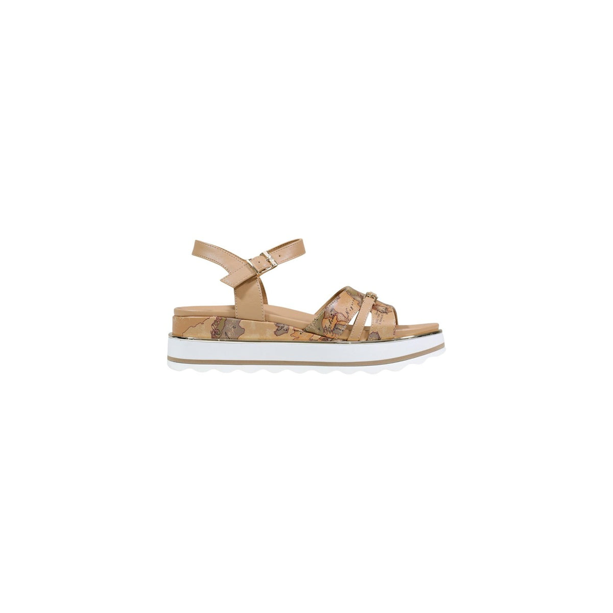 Sandali donna Alviero Martini 1^ Classe; stampa Geo Classic, suola platform, chiusura con fibbia regolabile. Stile iconico ed elegante. Vista laterale