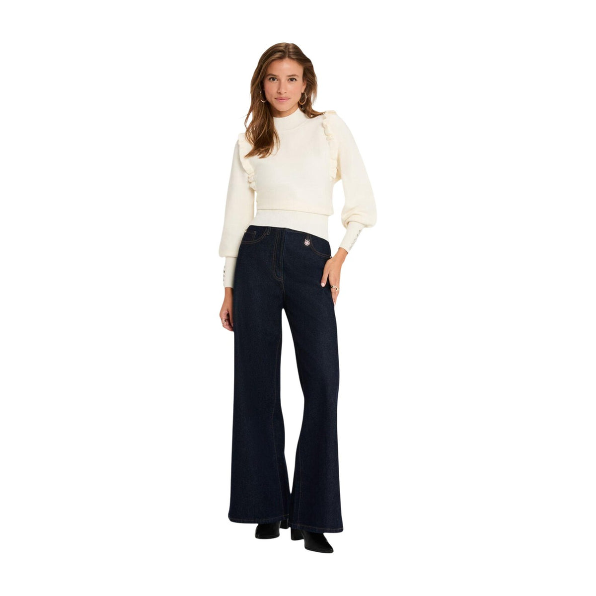 Maglione corto donna Morgan De Toi avorio – Pullover collo alto bon ton con volant e bottoni 222-MGENEV.
