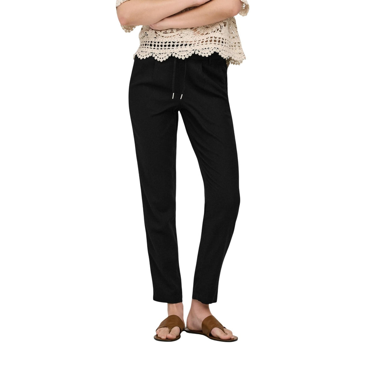 Pantaloni Lino/Viscosa Comfort Fit; vita elastica con coulisse, passanti cintura. Il basic estivo elegante e ultra-confortevole. Colore nero vista frontale