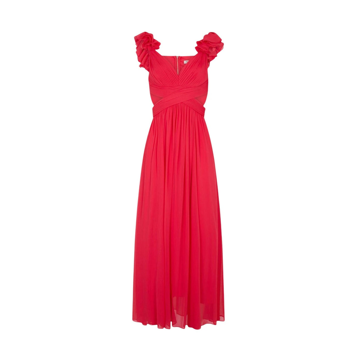 Morgan Rissal Dress Magma; abito rosso con scollo a V e fiori applicati. 100% poliestere, fodera interna, perfetto per eventi glamour e serate di gala. Vista frontale stesa
