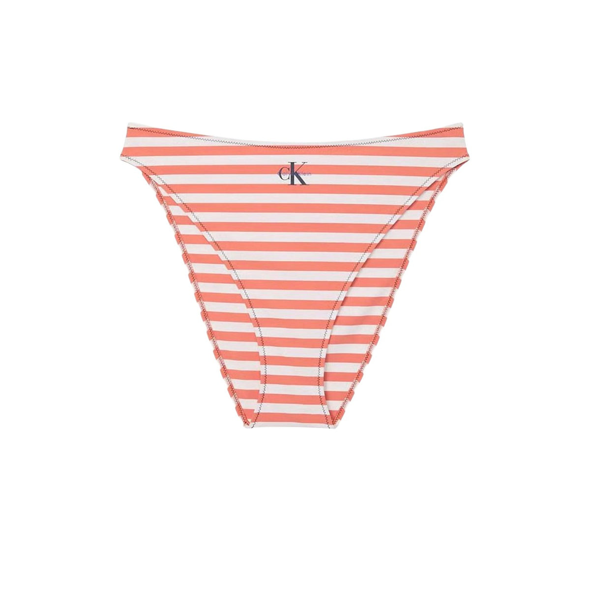 Bikini Arancione CK Jeans; High Leg. Top a fascia, spalline larghe, slip sgambato. Tessuto stretch riciclato, logo CK frontale, asciugatura rapida. Stile audace e sostenibile. Vista stesa