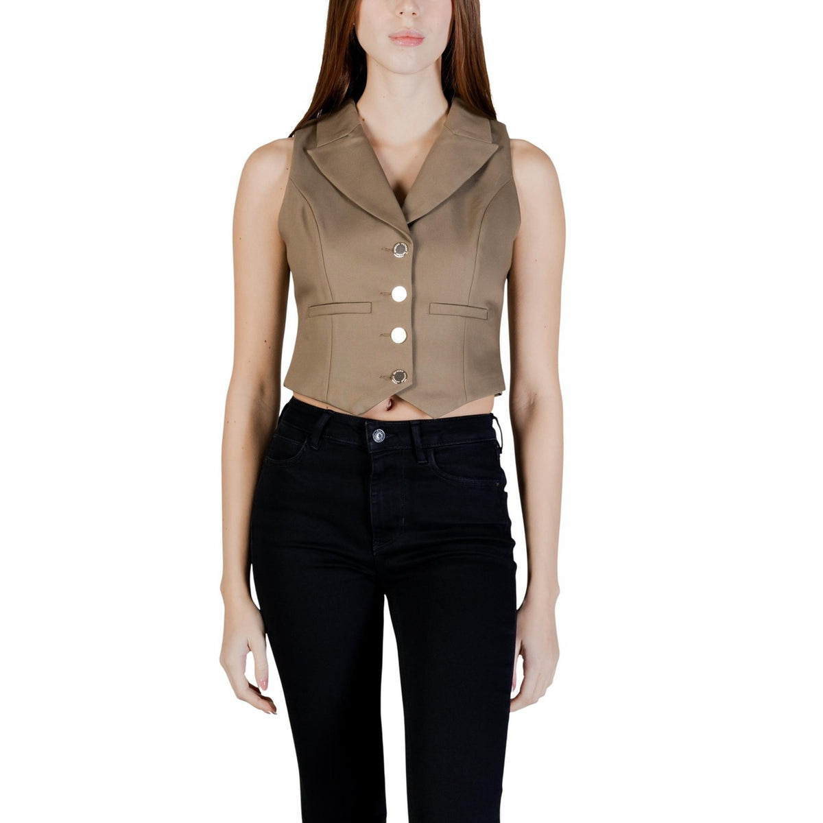 Dettaglio gilet Morgan De Toi donna verde con bavero e chiusura a bottoni frontale