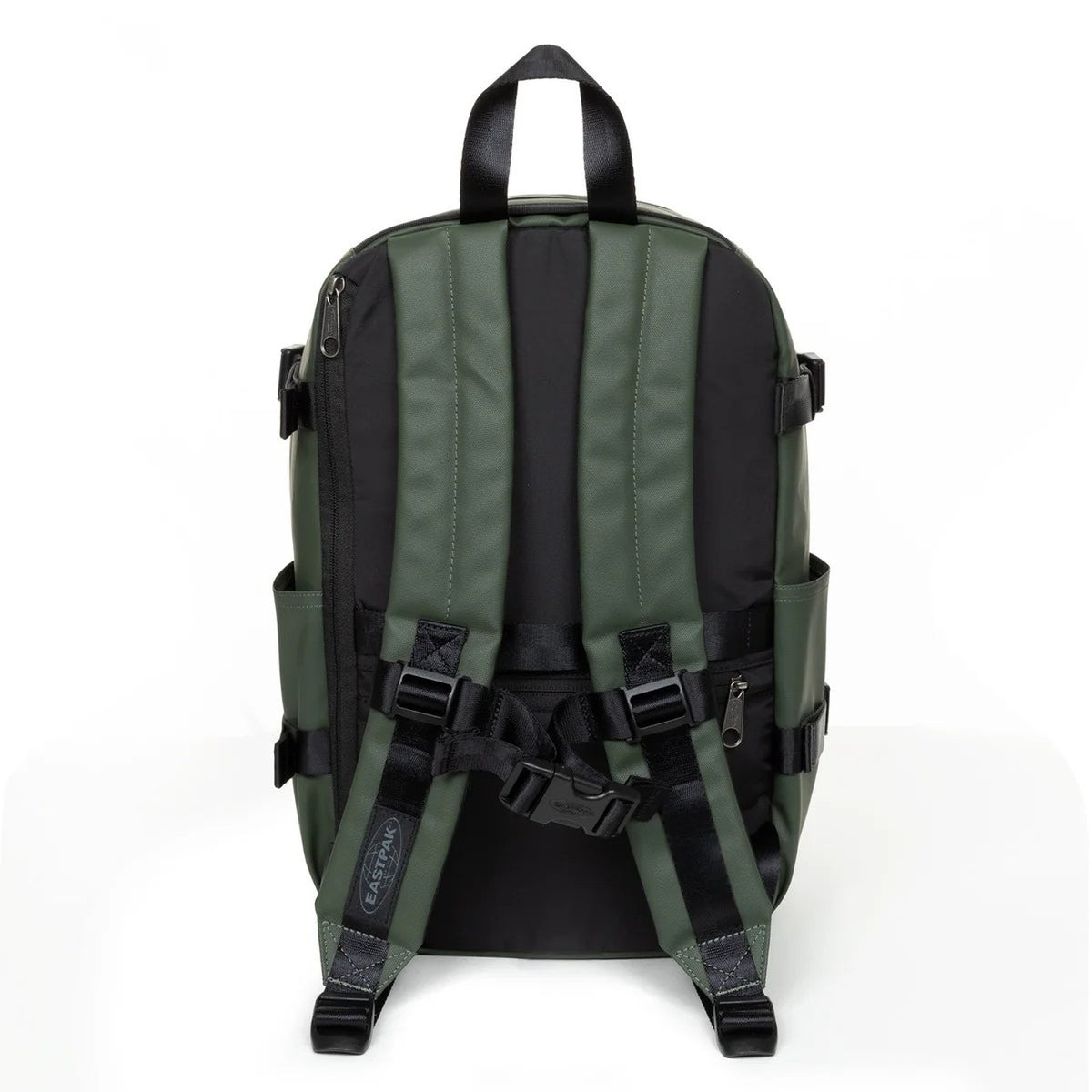 Zaino Medio Verde Eastpak Bagaglio a Mano; 40x25x20 cm. Poliestere idrorepellente, tasca laptop 15" e portaborraccia. Organizer, fascia trolley e dettagli catarifrangenti, vista posteriore