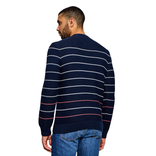 Maglione Blu a Righe Tommy Jeans; 100% Cotone Rigenerato. Girocollo, logo ricamato, bordi a costine. Stile casual, texture consistente, ideale per la primavera e l'autunno. Vista posteriore