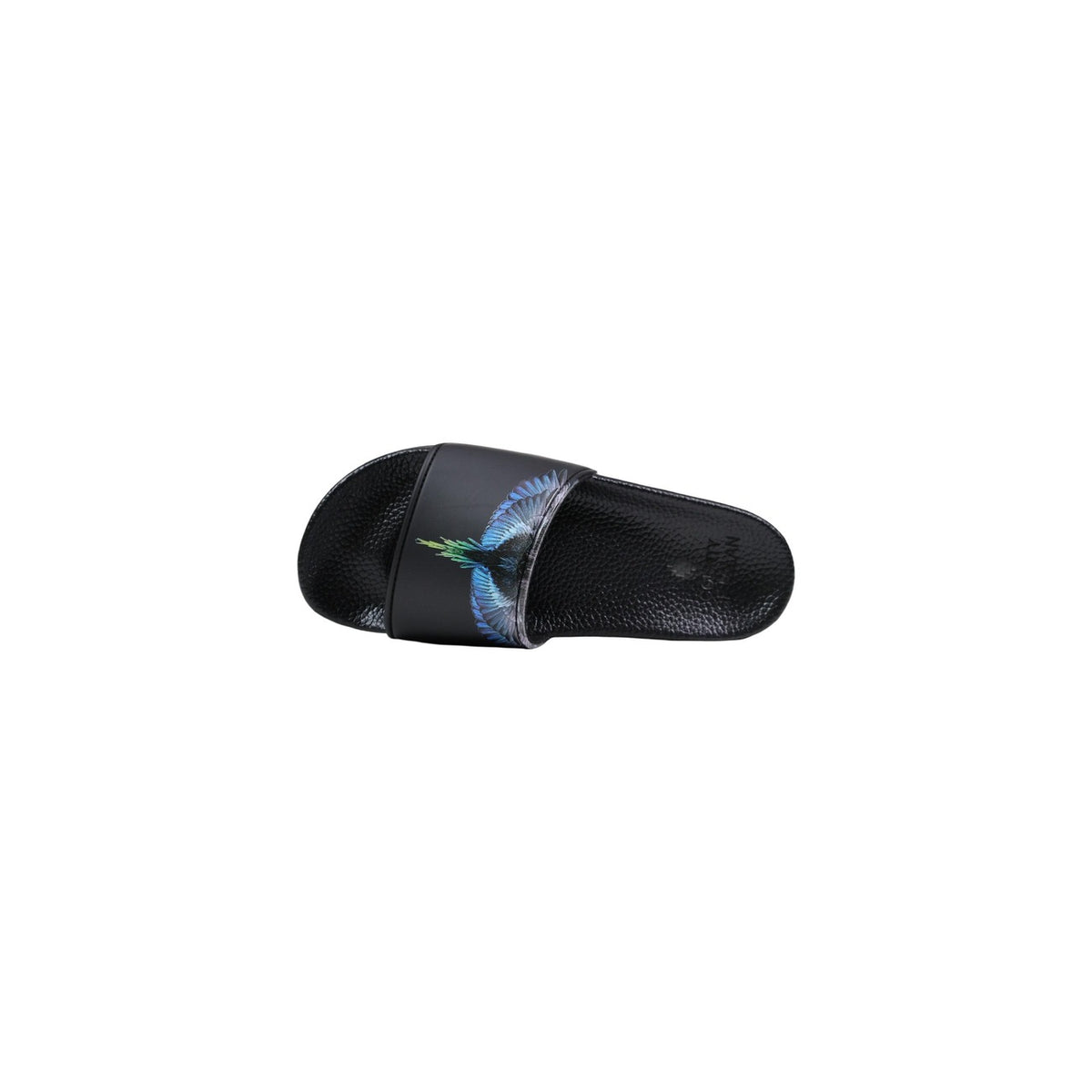 Ciabatte County of Milan Bird Print; fascia ampia, stampa grafica blu, suola ergonomica. L'essenziale streetwear creativo per piscina e spiaggia. Colore nero vista dall’alto
