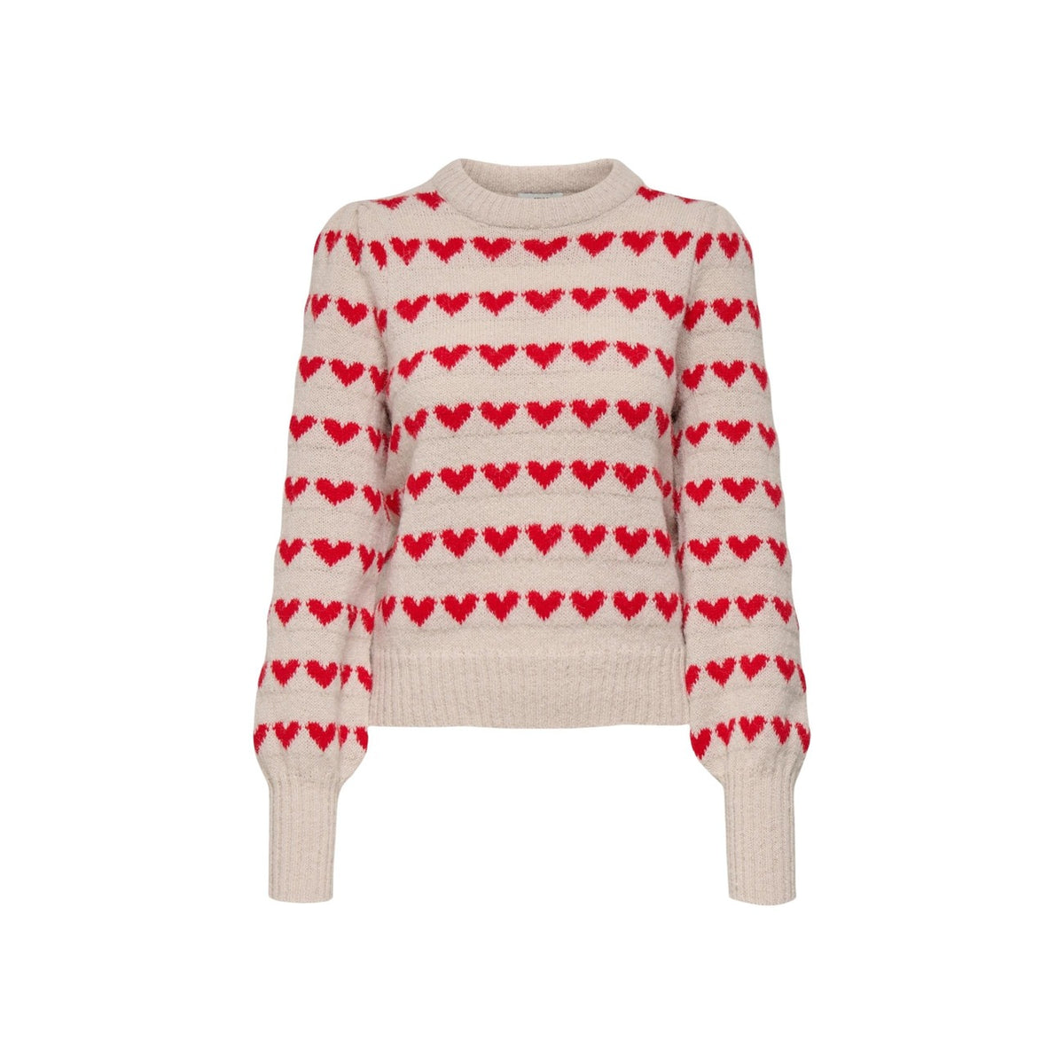Maglia Jacqueline De Yong donna beige con stampa cuori rossi manica lunga scollo tondo 100% poliestere - vista frontale stesa